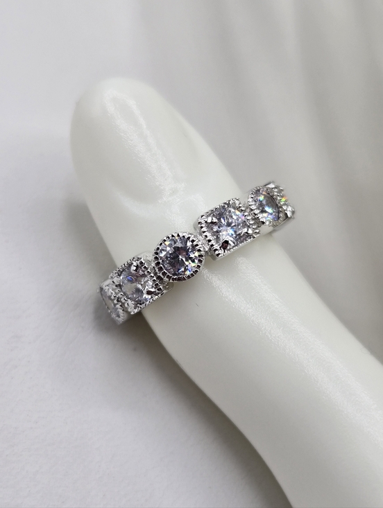 Swarovski Crystal Elements Silver Eternity Band Ring Size 7.75 Geometric Bridal - Picture 3 of 8